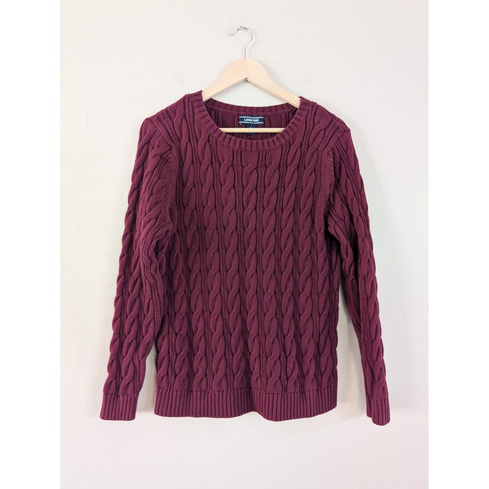 Lands End Burgundy Cable Knit Sweater Women L Crewneck Fisherman Preppy Academia
